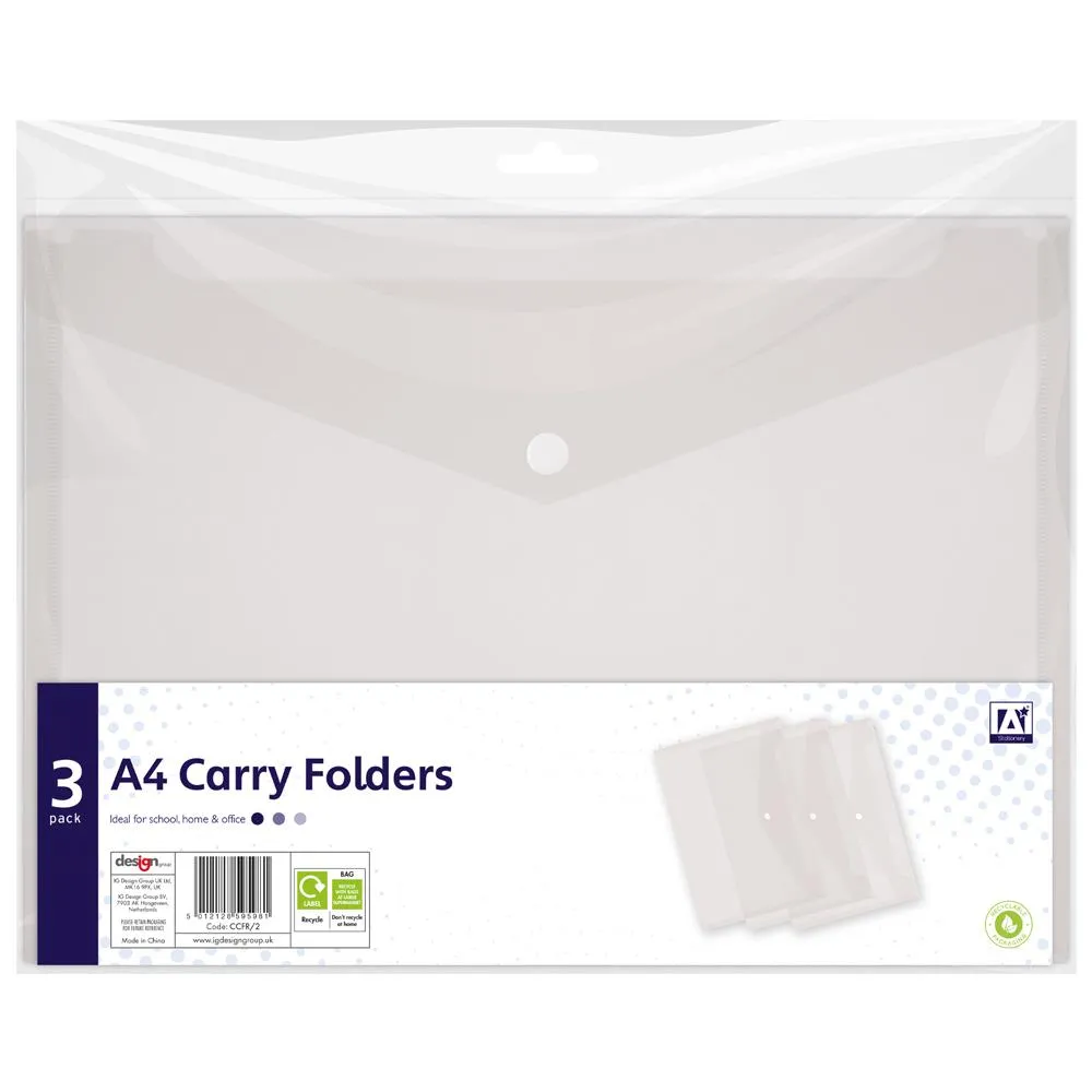 A4 Carry Folders - 3 Pack Clear Transparent Document Organisers Easy Viewing Organising Documents