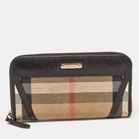 Black/Beige House Check Canvas and Leather Ziggy Zip Around Wallet