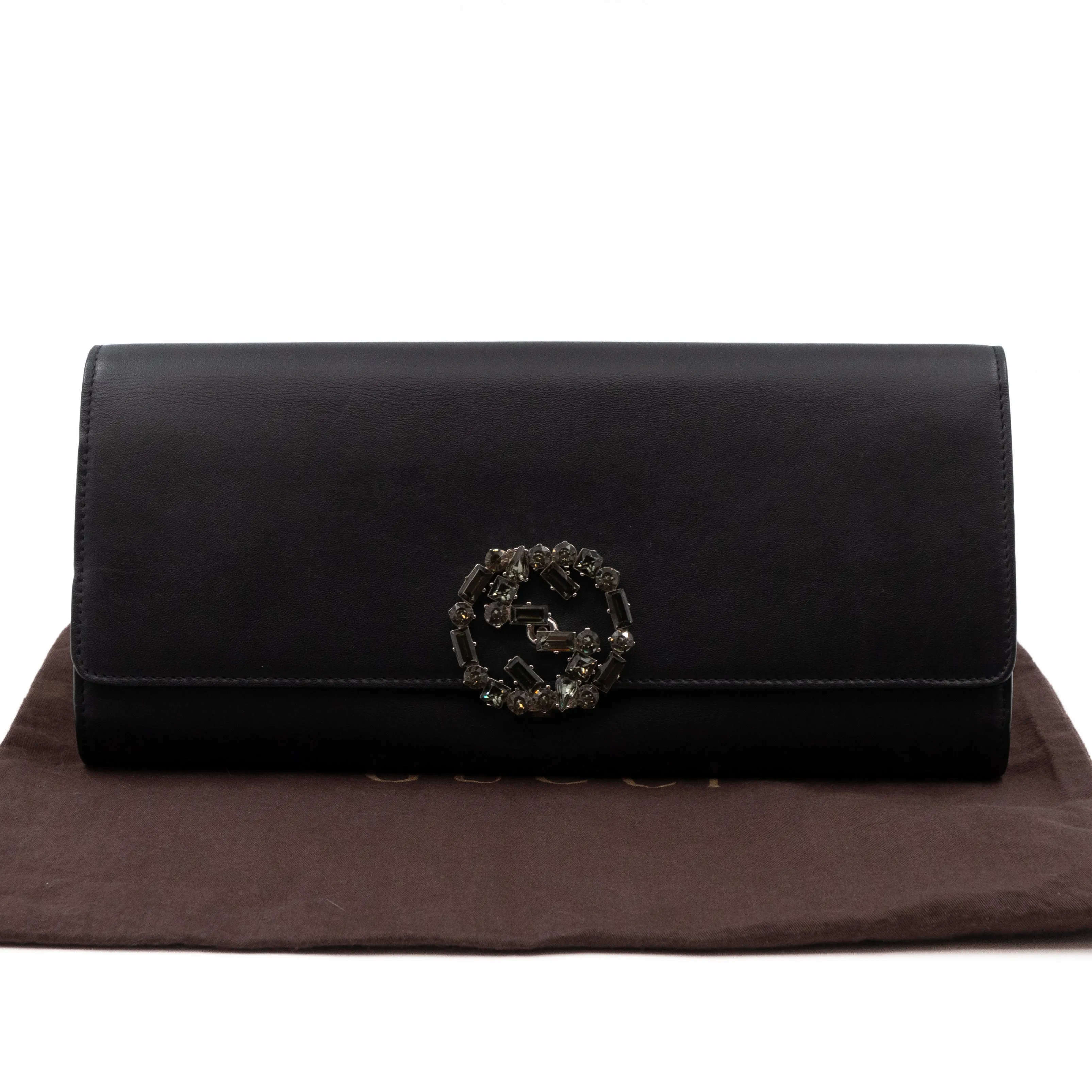 Broadway Clutch Black Leather with Crystals