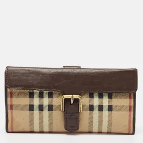 Brown/Beige Haymarket PVC and Leather Buckle Flap Continental Wallet