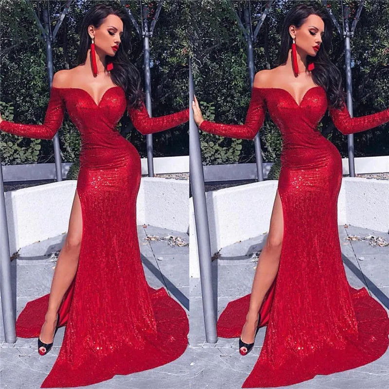 Charming Long Sleevess Sheath Front Split Prom Party Gowns