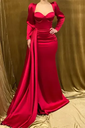 Charming Red Long Mermaid Strapless Satin Evening Prom Dresses With Sleeves