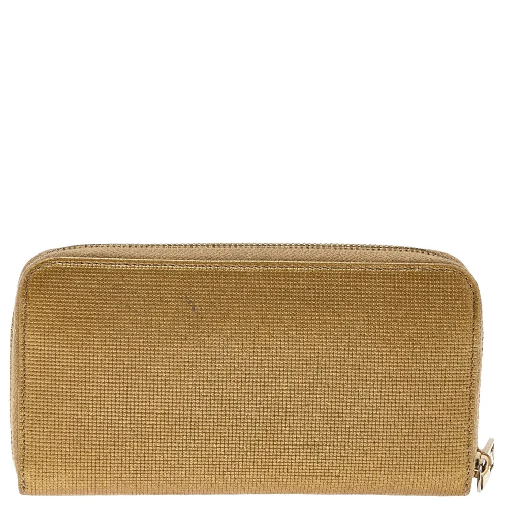 Fendi Gold Embossed Leather Zip Around Wallet