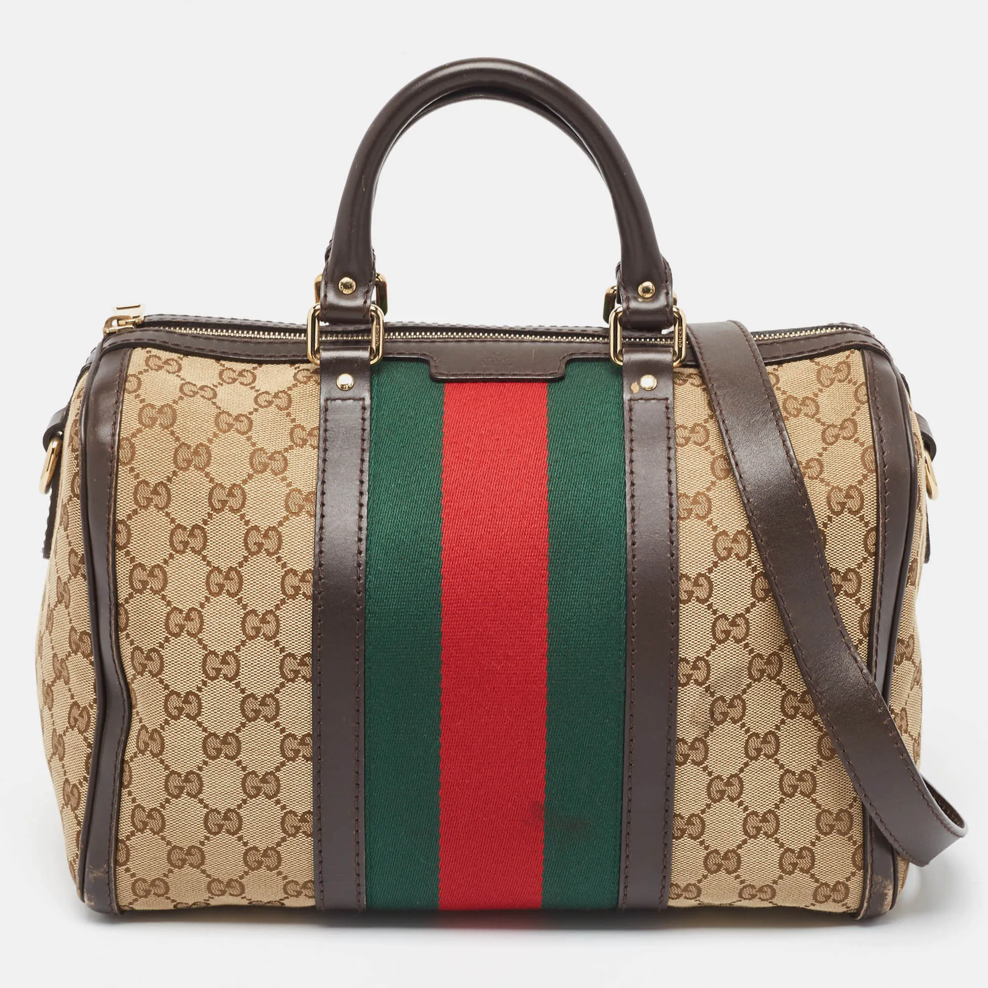 Gucci /brown Gg Canvas And Leather Medium Vintage Web Boston Bag