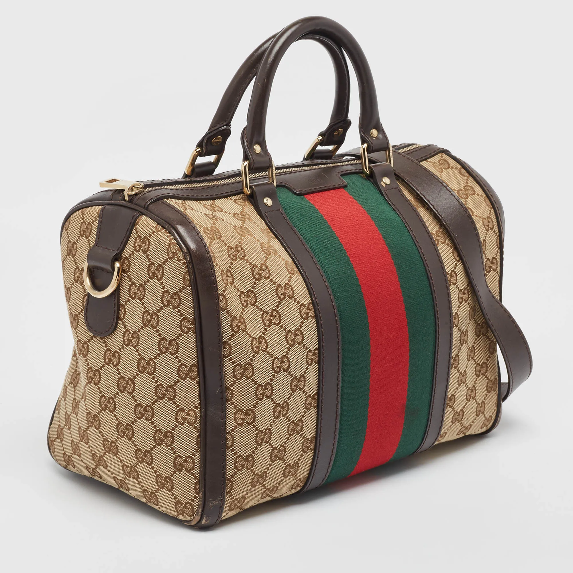 Gucci /brown Gg Canvas And Leather Medium Vintage Web Boston Bag