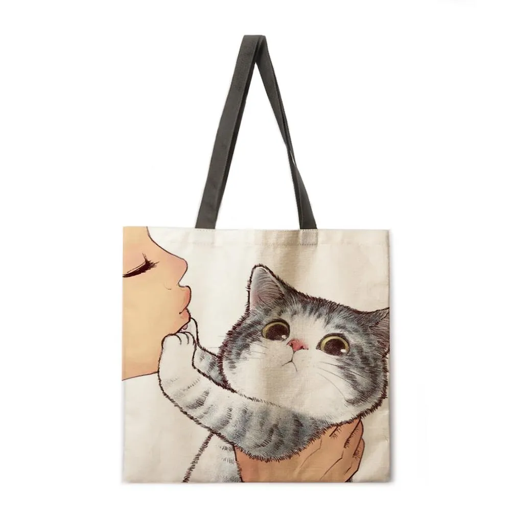 Kissing cat casual tote bag linen bag reusable shopping bag outdoor beach bag casual tote bag