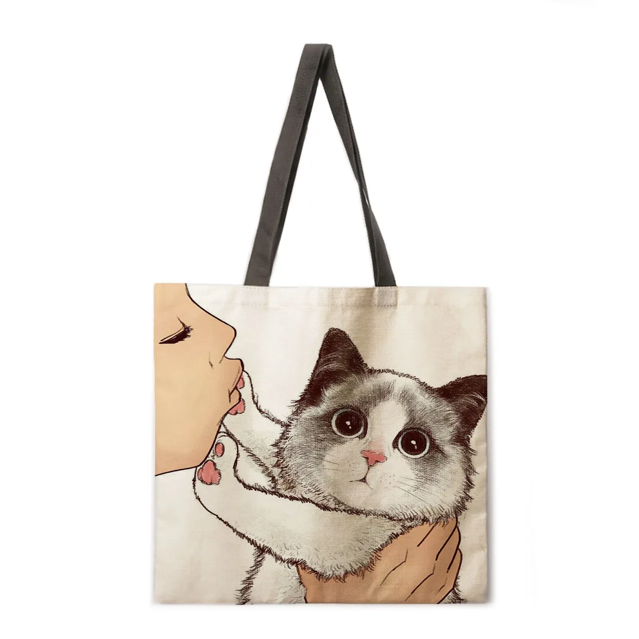 Kissing cat casual tote bag linen bag reusable shopping bag outdoor beach bag casual tote bag