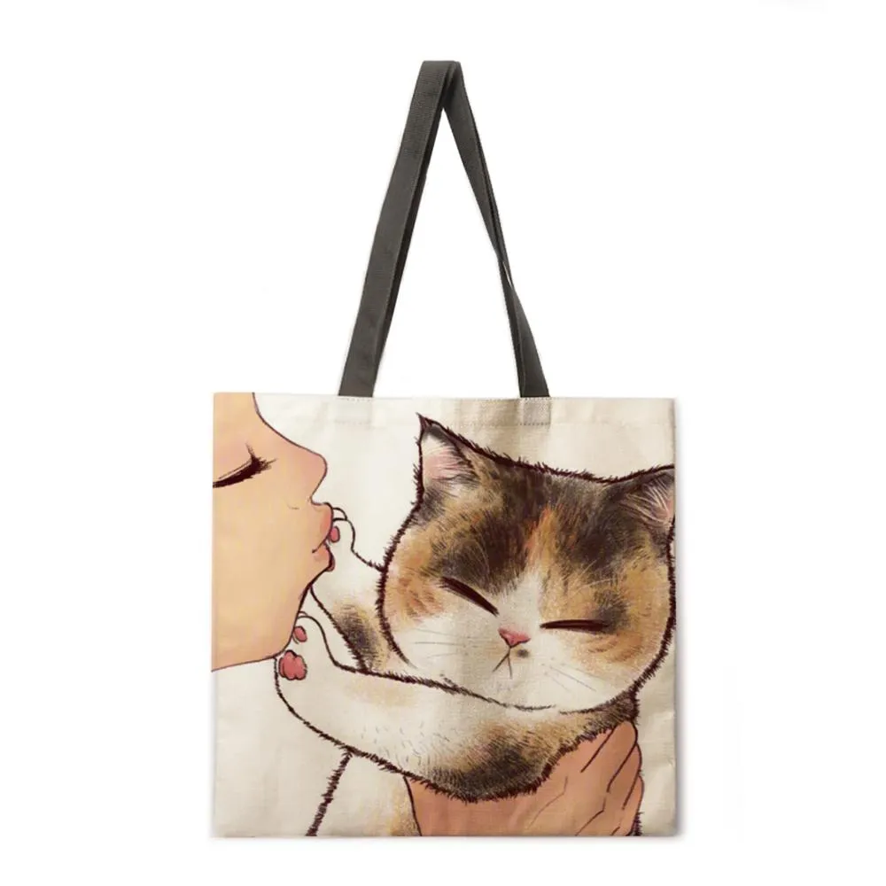 Kissing cat casual tote bag linen bag reusable shopping bag outdoor beach bag casual tote bag