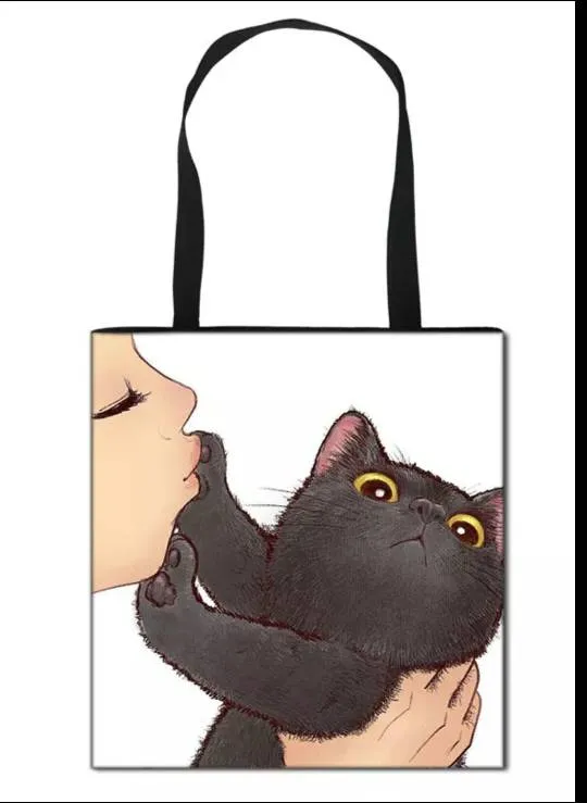 Kissing cat casual tote bag linen bag reusable shopping bag outdoor beach bag casual tote bag