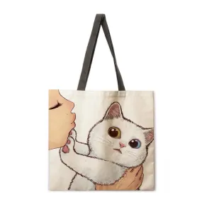 Kissing cat casual tote bag linen bag reusable shopping bag outdoor beach bag casual tote bag