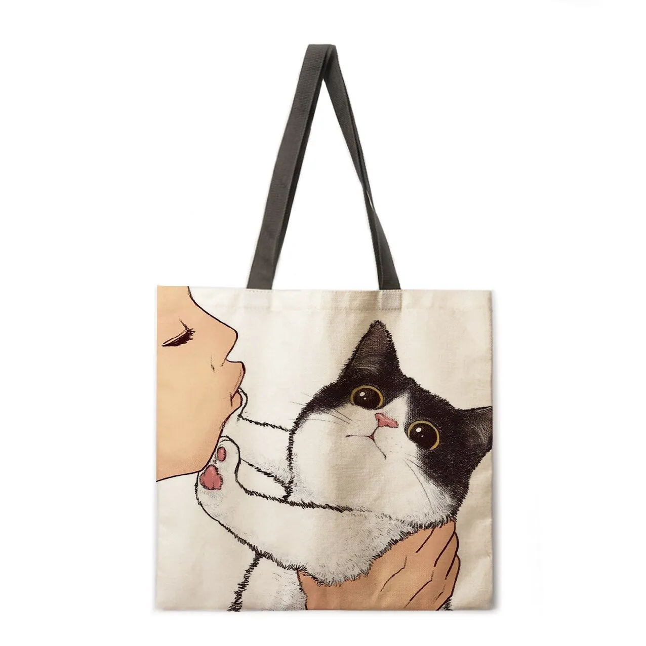 Kissing cat casual tote bag linen bag reusable shopping bag outdoor beach bag casual tote bag