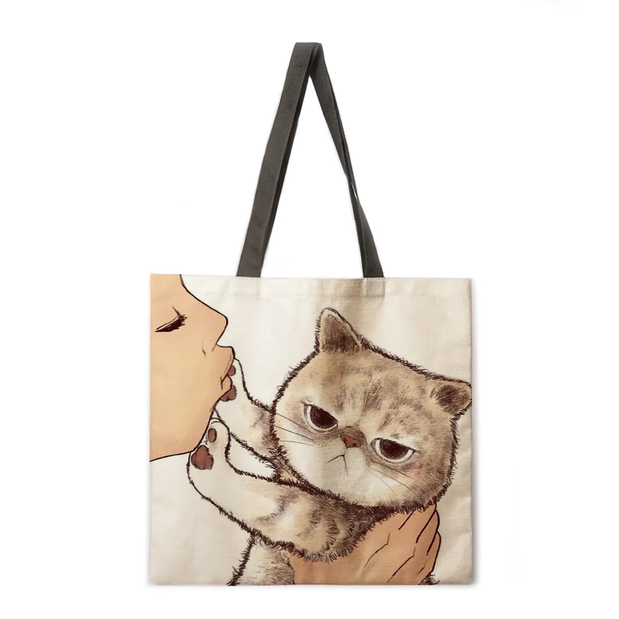 Kissing cat casual tote bag linen bag reusable shopping bag outdoor beach bag casual tote bag