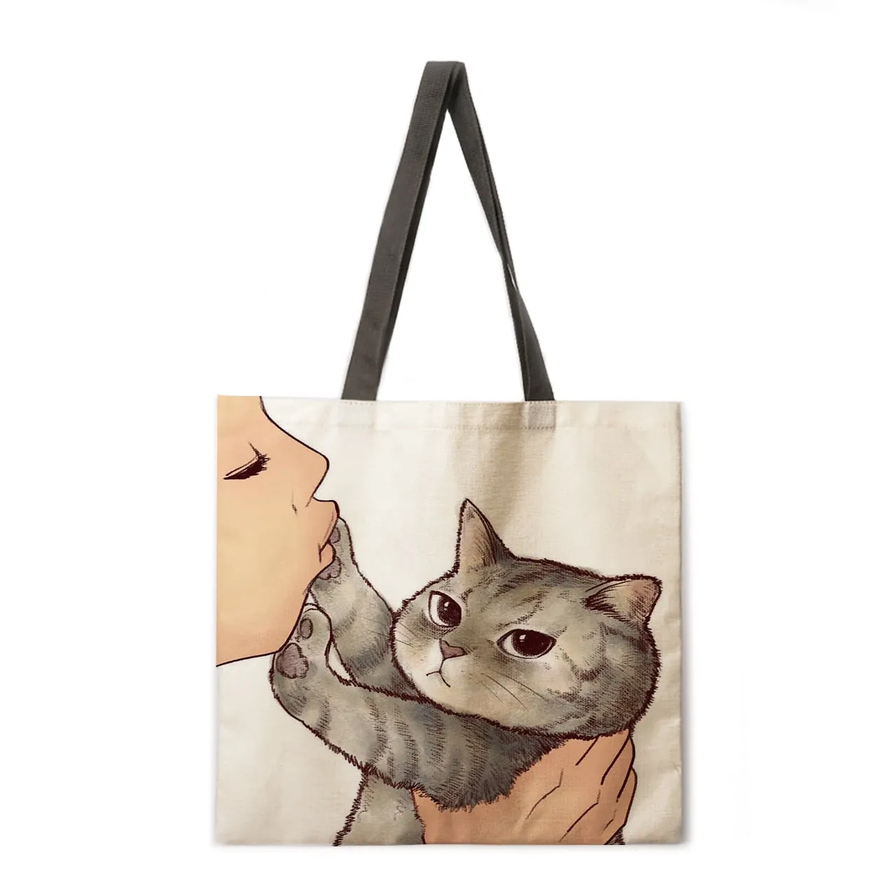 Kissing cat casual tote bag linen bag reusable shopping bag outdoor beach bag casual tote bag