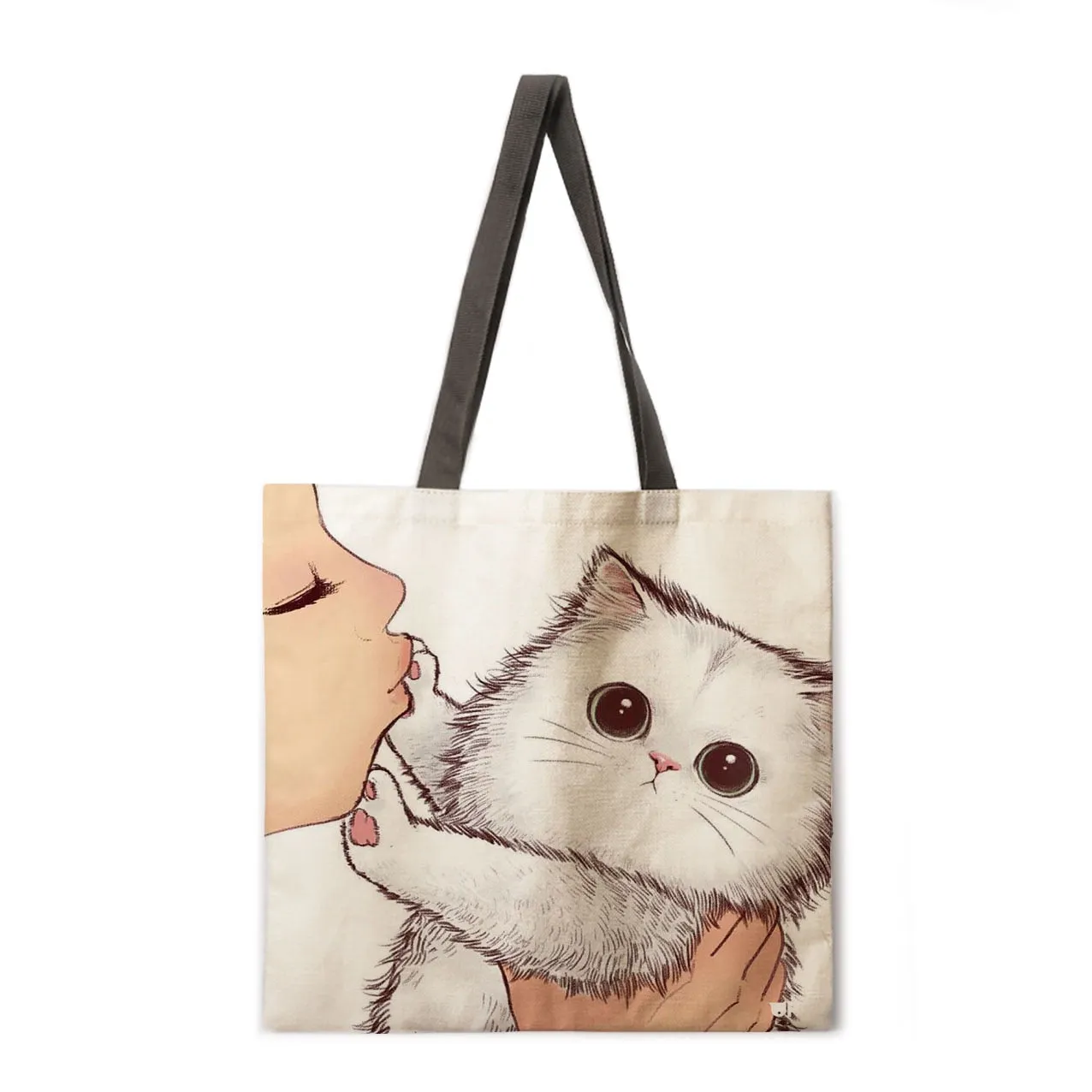 Kissing cat casual tote bag linen bag reusable shopping bag outdoor beach bag casual tote bag