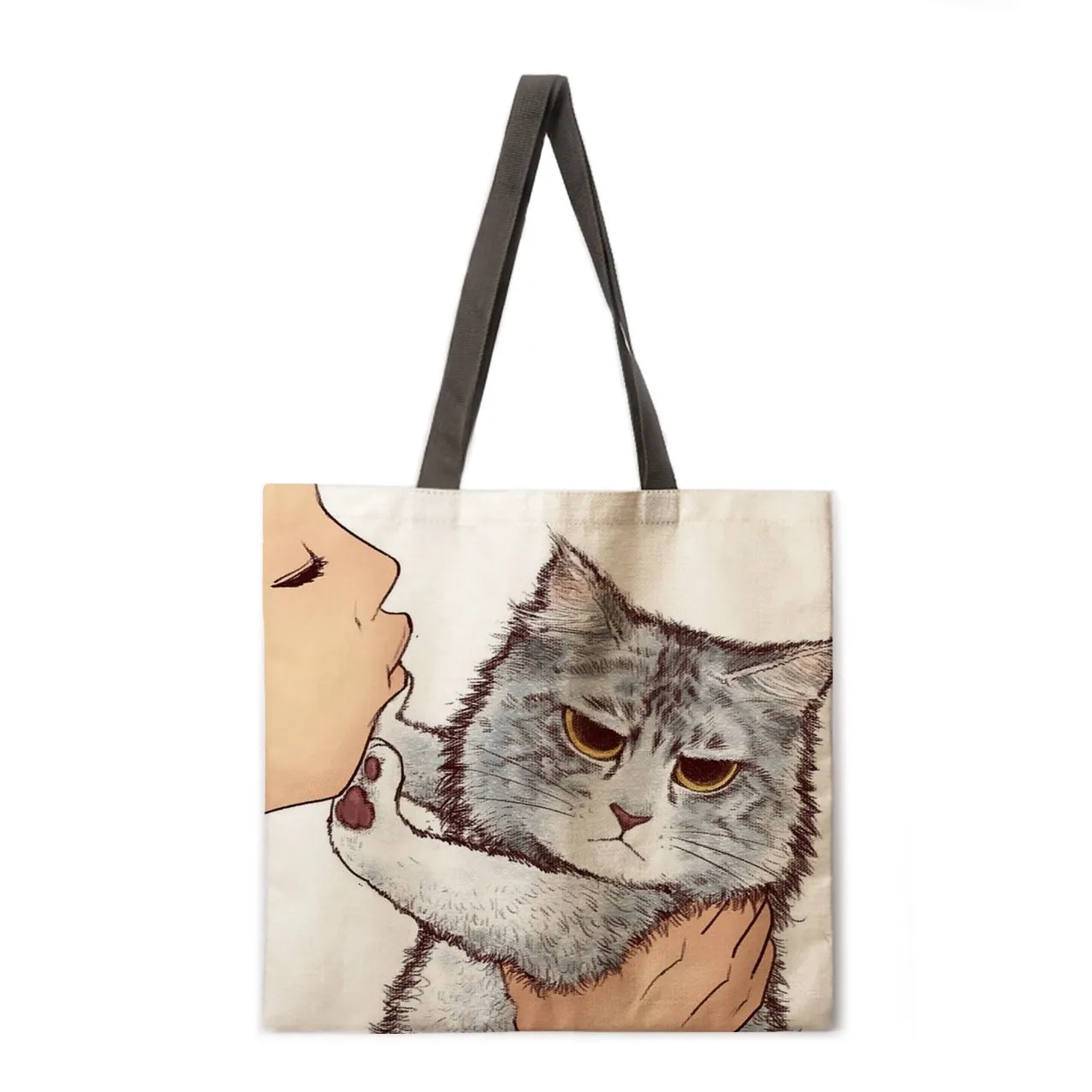 Kissing cat casual tote bag linen bag reusable shopping bag outdoor beach bag casual tote bag