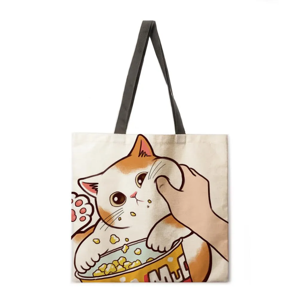 Kissing cat casual tote bag linen bag reusable shopping bag outdoor beach bag casual tote bag