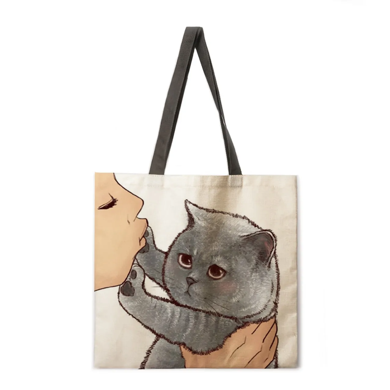 Kissing cat casual tote bag linen bag reusable shopping bag outdoor beach bag casual tote bag