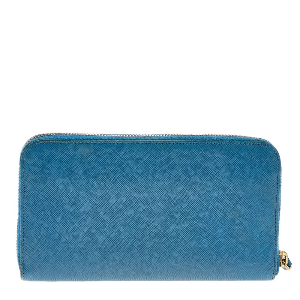 Prada Blue Saffiano Leather Zip Around Wallet..