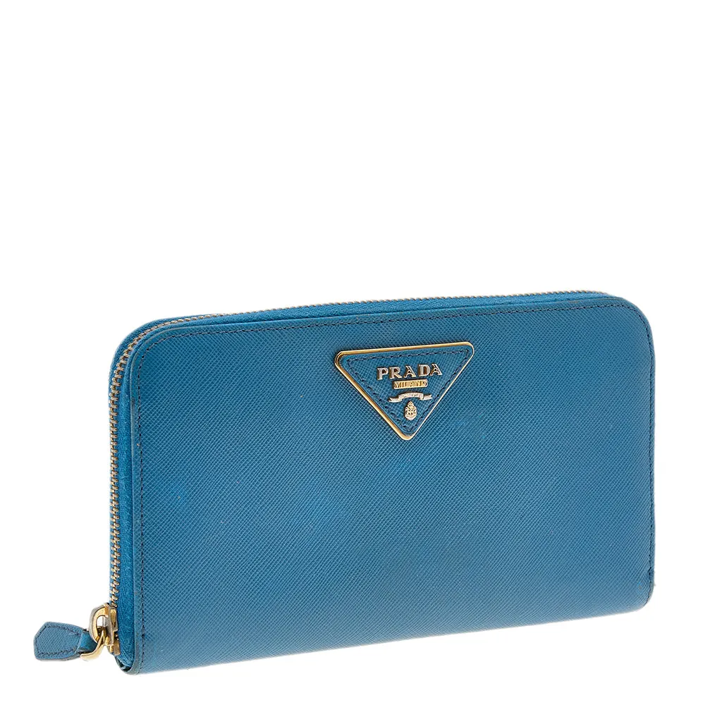 Prada Blue Saffiano Leather Zip Around Wallet..