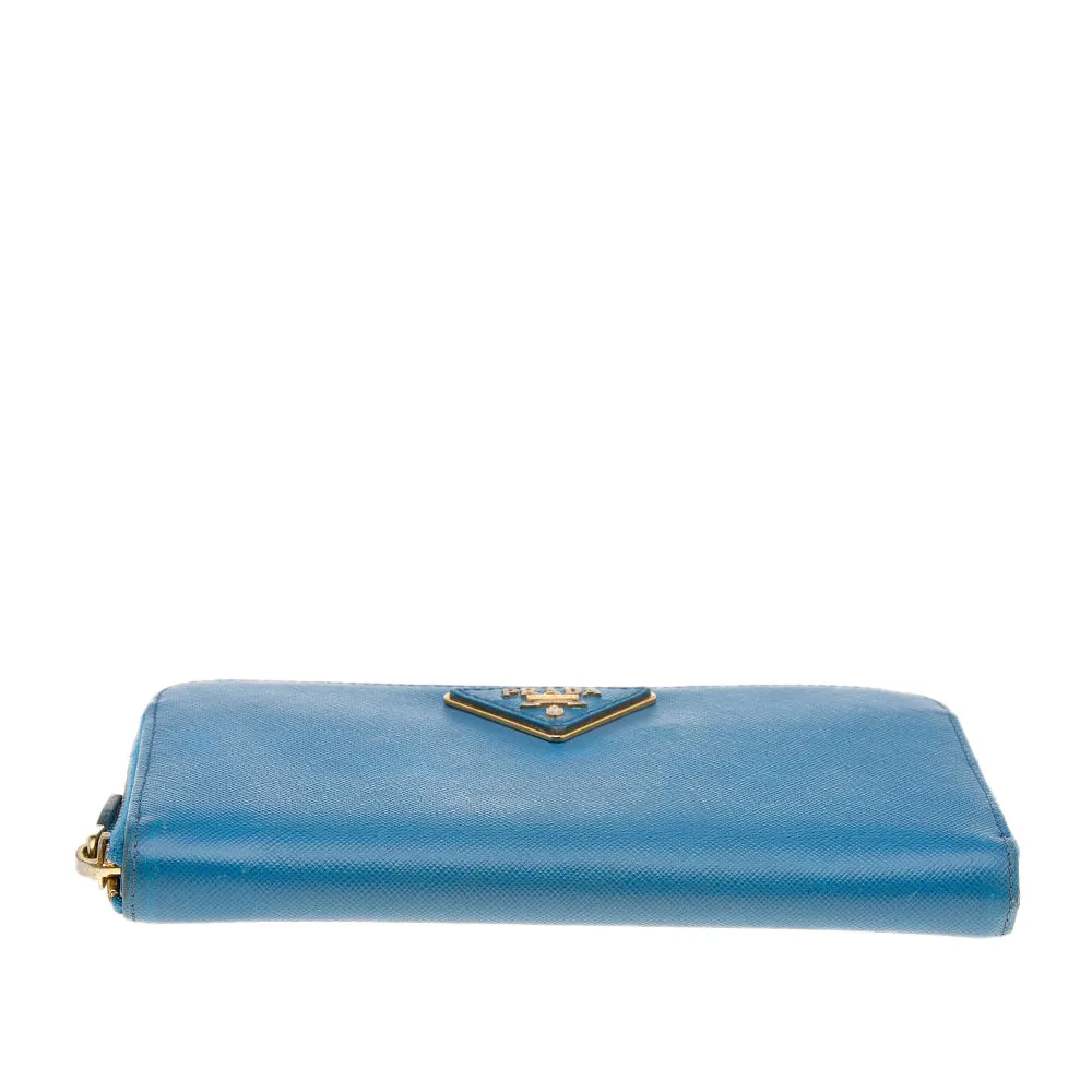 Prada Blue Saffiano Leather Zip Around Wallet..