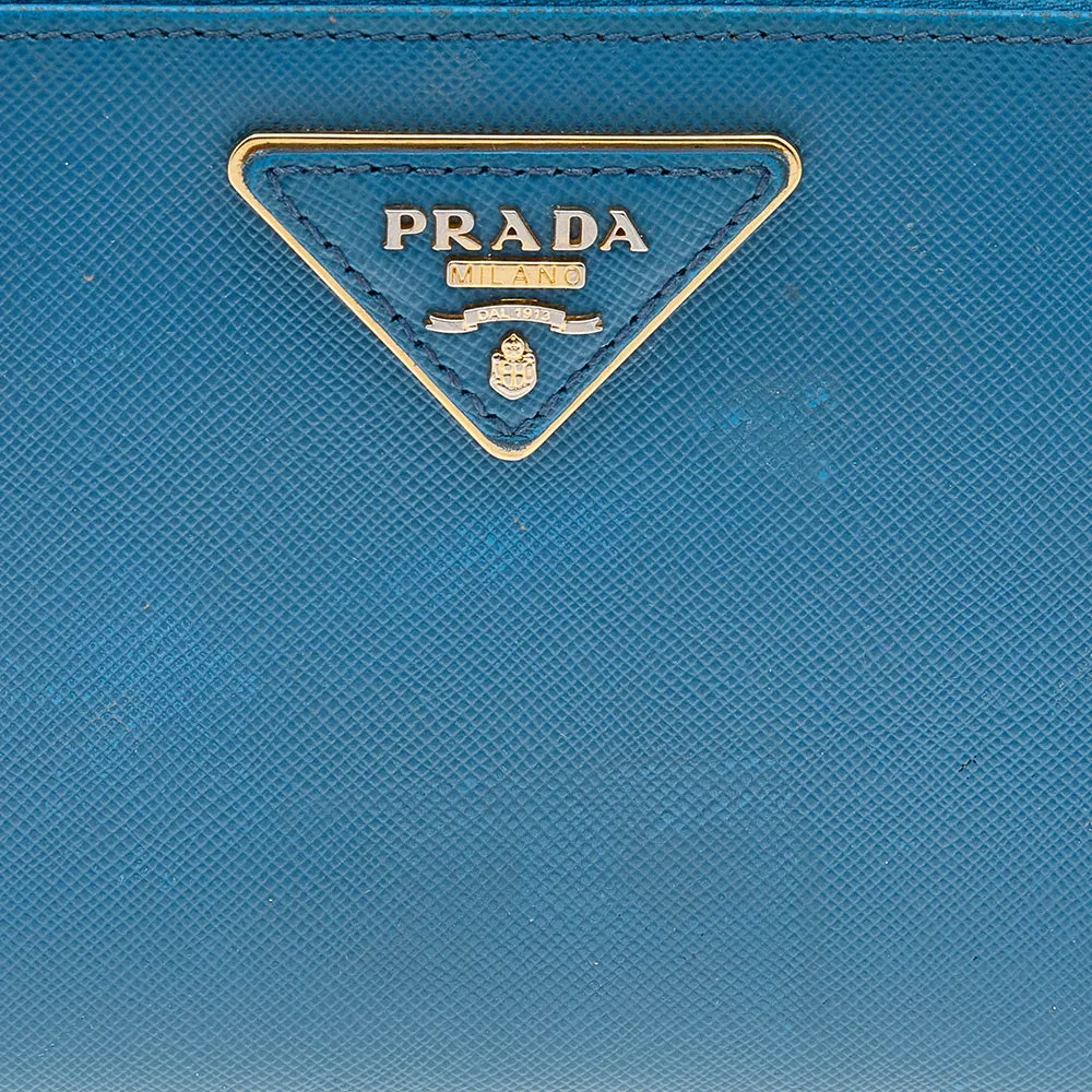 Prada Blue Saffiano Leather Zip Around Wallet..