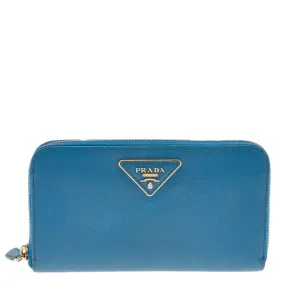 Prada Blue Saffiano Leather Zip Around Wallet..