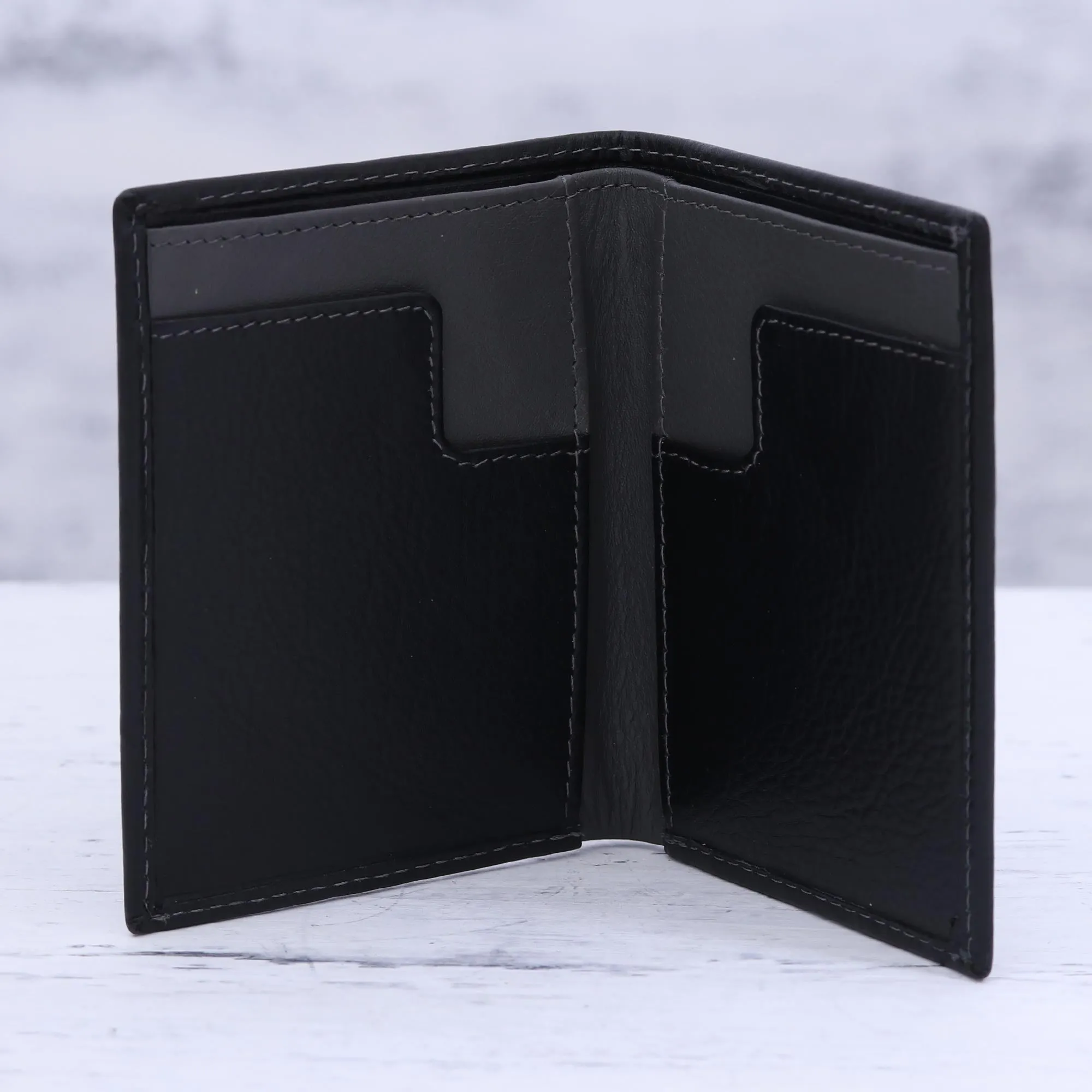 Reliable Black Leather Card Holder Wallet in Black and Grey