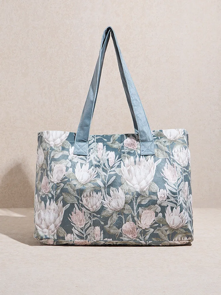 Westside Home Teal Floral Design Tote Bag